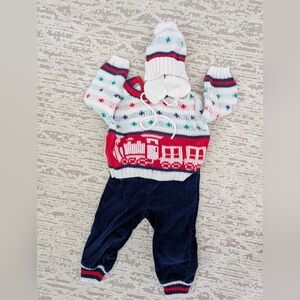 Baby Vintage Ski Sweater Outfit 3 Piece Sweater Pants Hat Snow Cozy Trains 90s